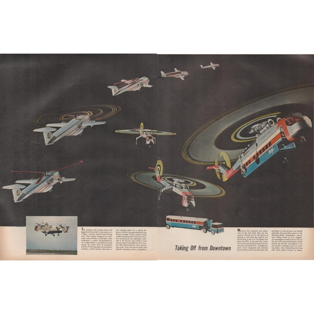 1967 Lockheed Vintage Print Ad VTOL Aircraft Taking Off From Downtown 2 Page